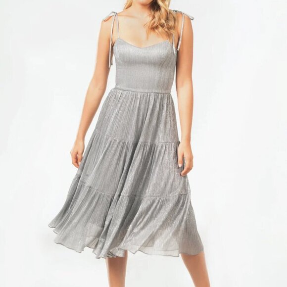Dress the Population Dream Metallic Tiered Midi Dress Silver Gray - Picture 1 of 12
